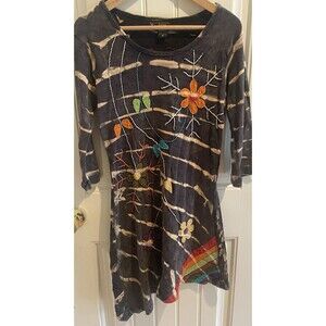Womens Boho Dress Size S Tye Die Floral Embroidery Lagenlook Artsy